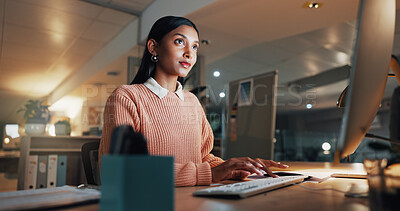 Buy stock photo Computer, reading and typing with business woman in office for night, revenue report or planning. Portfolio research, overtime and investor project with employee in agency for online asset management