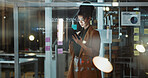 Night, business and woman on tablet in glass office for finance review, budget planning and research. Statistics, tech and person with sticky notes for profit growth, strategy and financial agenda