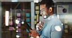 Thinking, business and man on tablet by glass for data analysis, financial growth or research. Night, bokeh and person with sticky notes, graph or tech for budget report, strategy or review in office