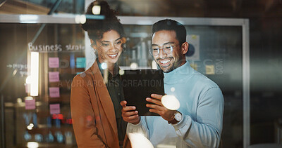 Buy stock photo Night, glass and business people on tablet for planning, brainstorming and team meeting for agenda. Marketing, office and workers with tech, sticky notes and task schedule for project management