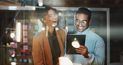 Buy stock photo Laugh, glass and business people on tablet for planning, brainstorming and team meeting for agenda. Marketing, happy and workers with tech, sticky notes and strategy for project management at night