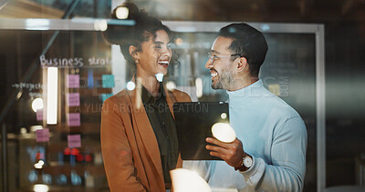 Buy stock photo Night, happy and business people on tablet for planning, brainstorming and team meeting for agenda. Marketing, glass office and workers with tech, sticky notes or task schedule for project management