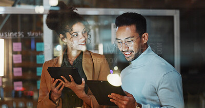 Buy stock photo Glass, meeting and business people on tablet for planning, strategy and agenda for project management. Marketing, office and workers with tech, sticky notes and talking for ideas, task and schedule