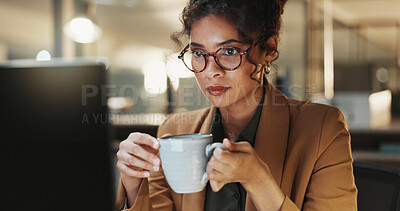 Buy stock photo Office, laptop and business woman with coffee for energy for finance report, deadline and proposal. Reading, night and person with caffeine drink for working late, budget planning and financial audit