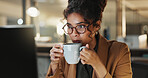 Reading, night and business woman with coffee for energy for finance report, deadline and proposal. Office, computer and person with drink for productivity, budget planning and financial review