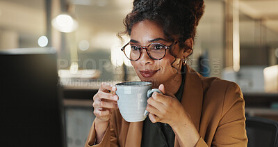 Buy stock photo Happy, night and business woman with coffee for energy for finance report, deadline and proposal. Reading, laptop and person with caffeine drink for working late, budget and financial audit in office