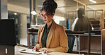 Reading, info and businesswoman with laptop in office, budget review or financial planning at night. Accountant, working late and person with tech, serious and checking expenses on web in business