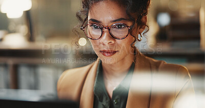 Buy stock photo Night, employee and woman with computer in office, budget review or financial planning with research. Accountant, working late and business person with technology, online and checking expenses on web