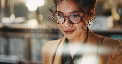 Buy stock photo Night, woman or smile with computer in office for breaking news, story editing or print deadline. Overtime, glasses or editor on tech at agency for proofreading article, grammar check or publication