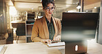 Office, research and businesswoman with computer at night, budget review or financial plan with info. Accountant, working late and person with technology, online and checking expenses on website