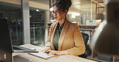 Buy stock photo Night, employee and woman with laptop in office, budget review and financial planning with research. Accountant, working late and business person with technology, online and checking expenses on web