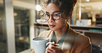 Coffee, reading and glasses with business woman in office for research, caffeine break and night. Planning, drink and overtime with female person and mug in agency for project, energy and beverage