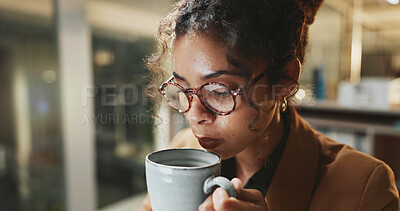 Buy stock photo Coffee, thinking and glasses with business woman in office for reflection, caffeine break and night. Brainstorming, drink and overtime with person and mug in agency for vision, energy and beverage