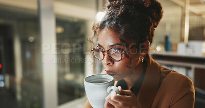 Buy stock photo Coffee, online and glasses with business woman in office for research, caffeine break and night. Reading, drink and overtime with female person and mug in agency for project, space and beverage