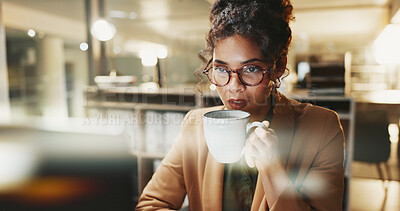 Buy stock photo Office, computer and business woman with coffee for energy for finance report, deadline and proposal. Night, bokeh and person with caffeine drink for working late, budget planning and financial audit