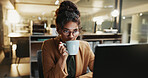 Computer, night and business woman with drink for energy for finance report, deadline and proposal. Office, productivity and person with coffee for working late, budget planning and financial audit