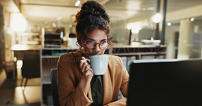 Buy stock photo Computer, night and business woman with drink for energy for finance report, deadline and proposal. Office, productivity and person with coffee for working late, budget planning and financial audit
