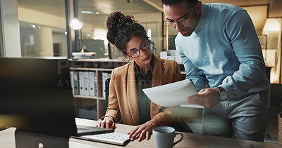 Buy stock photo Business, research and people with paperwork at night, help or tax preparation with financial report. Accountant, man and woman with documents, discussion and working late for audit update in office