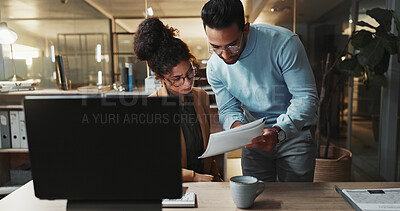 Buy stock photo Business, teamwork and people with paperwork at night, help or tax preparation with financial report. Accountant, man and woman with documents, discussion and working late for audit update in office