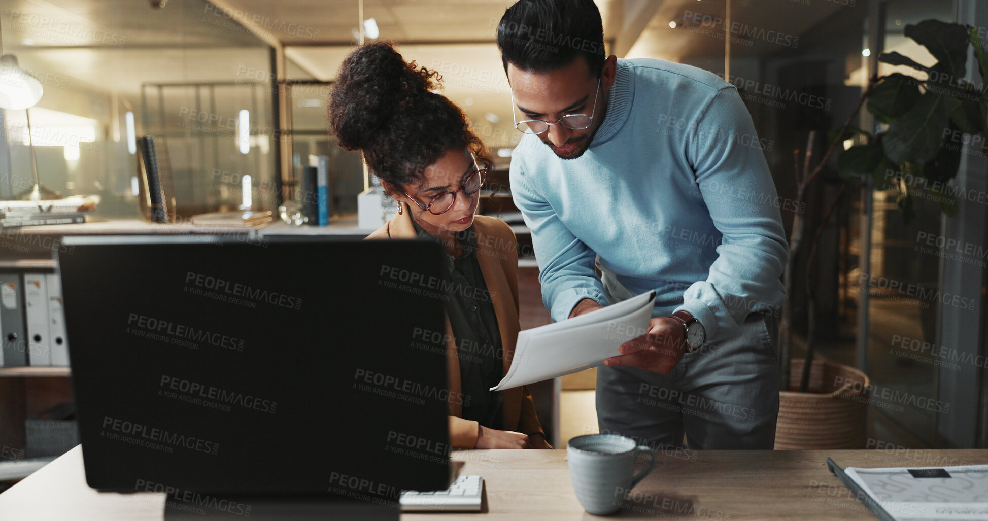 Buy stock photo Business, teamwork and people with paperwork at night, help or tax preparation with financial report. Accountant, man and woman with documents, discussion and working late for audit update in office