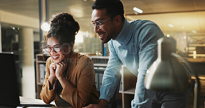 Buy stock photo Surprised, online and people with computer in business, team or happy for financial success at night. Accountant, working late and colleagues with technology, shocked and audit achievement in office
