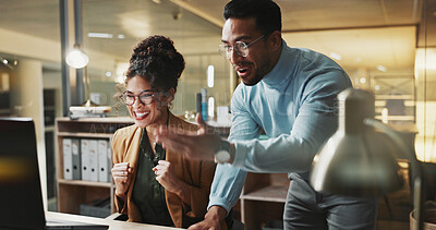 Buy stock photo Excited, team and people with computer in business, online and happy for financial success at night. Accountant, working late and colleagues with technology, good news and audit achievement in office