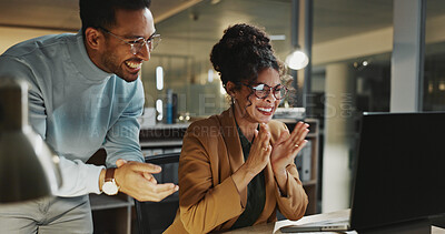 Buy stock photo Team, applause and people with computer in business, online or happy for financial success at night. Accountant, working late and colleagues with technology, laughing and celebration for achievement