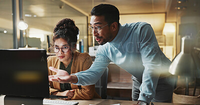 Buy stock photo Business, teamwork and people with computer at night, help or tax preparation with financial report. Accountant, man and woman with technology, discussion and working late for audit update in office
