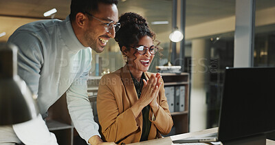 Buy stock photo Team, laugh and people with computer in business, clapping and happy for financial success at night. Accountant, working late and colleagues with technology, excited and celebration for achievement