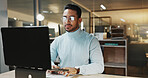 Night, employee and man with laptop in business, budget review and financial planning with research. Accountant, working late and person with technology, online and checking expenses on web in office
