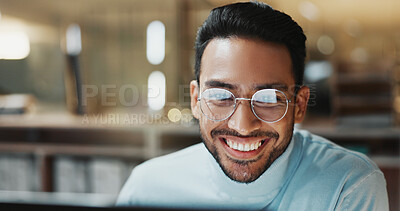 Buy stock photo Night, man or happy with computer at agency for breaking news, draft editing or story deadline. Overtime, glasses or editor with tech in office for article approval, fact checking or creative project