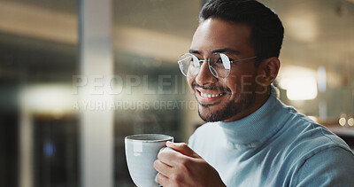Buy stock photo Coffee, smile and glasses with business man in office for research, caffeine break and night. Online, drink and overtime with male person and mug in agency for project, planning and beverage