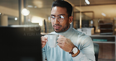Buy stock photo Office, night and business man with coffee for energy with finance report, deadline and audit. Reading, computer and person with caffeine drink for working late, budget planning or financial proposal