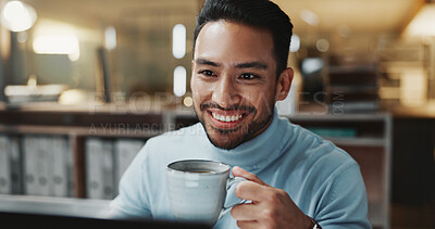 Buy stock photo Coffee, happy and reading with business man in office for research, caffeine break and night. Online, drink and overtime with male person and mug in agency for project, planning and beverage
