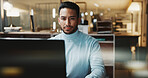 Serious, employee and man with laptop in office, budget review or financial plan with info at night. Accountant, working late and person with tech, online and checking expenses on web in business