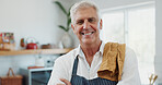 Cooking, portrait or senior man in kitchen with smile, good mood or meal prep in retirement hobby. Happy, apron and elderly person with confidence, positive attitude and culinary activity in house.