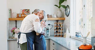 Buy stock photo Hug, cooking and love with old couple in kitchen for bonding, romantic gesture and meal prep. Connection, support and food with senior man and woman in home for retirement, embrace and recipe