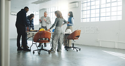 Buy stock photo People, planning and remodeling team in office for meeting, design collaboration or brainstorming. Lead architect, discussion or group in workplace for renovation idea, project management or feedback