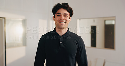Buy stock photo Happy, professional and portrait of businessman in office with confidence for creative career. Smile, about us and magazine editor with pride for job opportunity at startup company in workplace.
