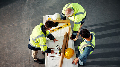 Buy stock photo Civil engineer, meeting and men with blueprint in building, talking and plan for renovation project. Architect, above and people with paperwork, discussion and collaboration for property development