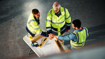 Architect, teamwork or stack hands at construction site for support, solidarity or project collaboration. Men, above and together for architecture, pile and development cooperation with blueprint