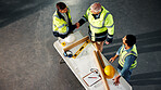 Above, engineer and handshake on site with blueprint, design approval and property development deal. Engineering, people and shaking hands in building with manager, floor plan validation and success.