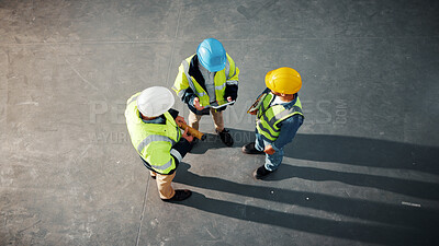 Buy stock photo Tablet, team and engineer with above of people in building for inspection, architect and project. Talk, construction and online schedule with contractor for property surveyor and renovation space