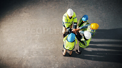 Buy stock photo Engineer, teamwork or stack hands at construction site for support, solidarity or mission with space. People, above and together for architecture, pile and development cooperation with motivation