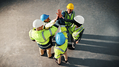 Buy stock photo Hands together, team and engineer with above of people in building for inspection, architect and support. Space, construction and success with contractor for property surveyor, goal and renovation