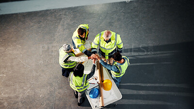 Buy stock photo Architect, teamwork or pile hands at construction site for support, solidarity or collaboration. People, above and together for architecture, stack and development cooperation with blueprint space