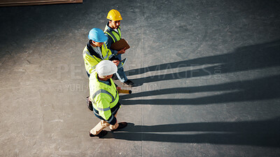 Buy stock photo Walking, team and engineer with above people in building for inspection, architect and project. Collaboration, construction and remodeling with contractor for property surveyor and renovation space