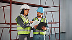 Architect, talk and people with tablet in building, online or planning for renovation design on web. Civil engineering, collaboration and colleagues with tech, discussion and construction project