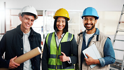 Buy stock photo Portrait, engineer and team at site for construction, building development and about us with tablet. Collaboration, architect and happy people with solidarity, clipboard and industrial workforce