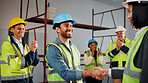 Engineer, builder and handshake on site with applause, well done and approval of property renovation. Happy, people clap and shaking hands in building with construction worker, deal and partnership.